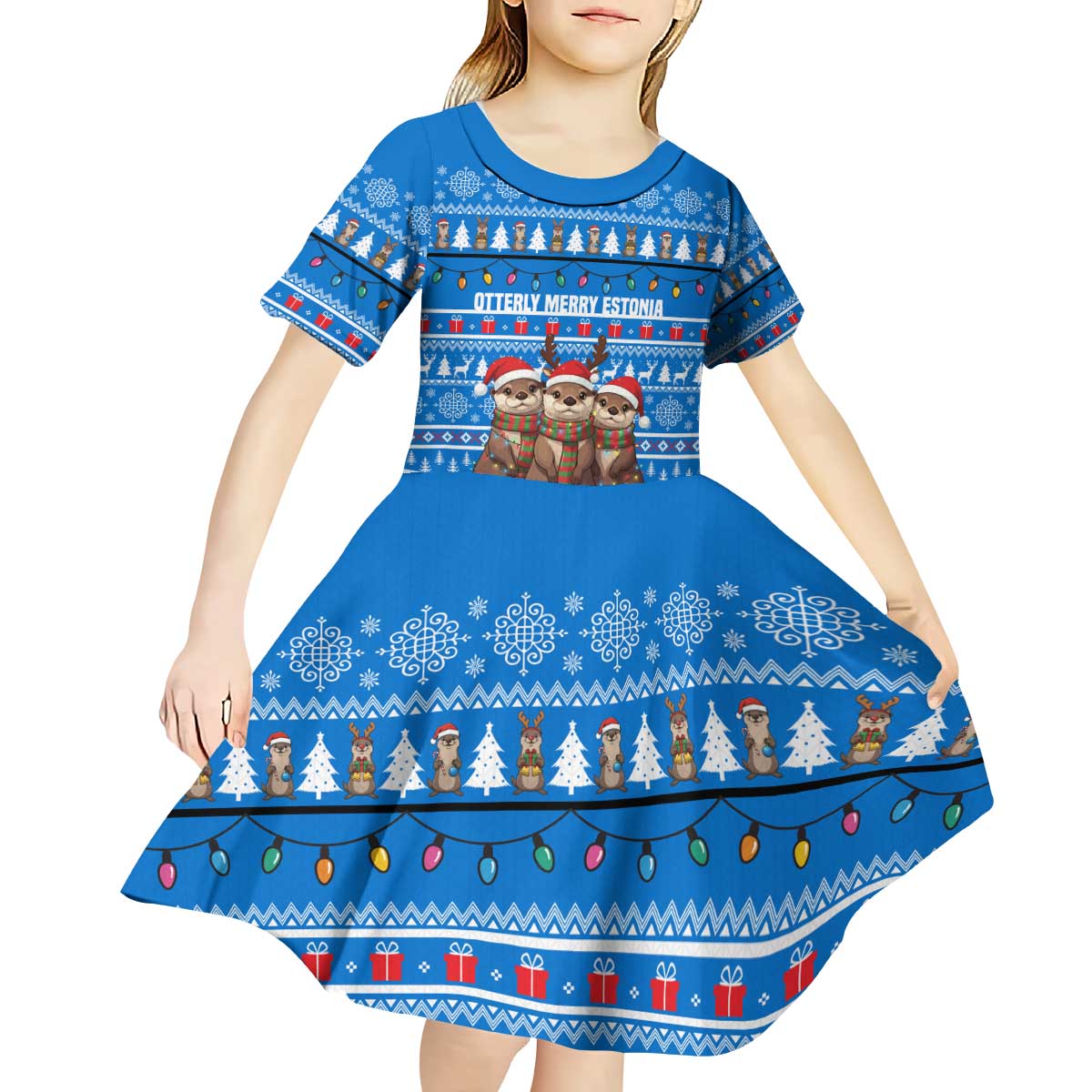 Estonia Christmas Kid Short Sleeve Dress with Santa Otters Lights Snowflakes and National Emblem on Blue Pattern - Wonder Print Shop