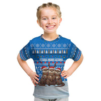 Estonia Christmas Kid T Shirt with Santa Otters Lights Snowflakes and National Emblem on Blue Pattern - Wonder Print Shop