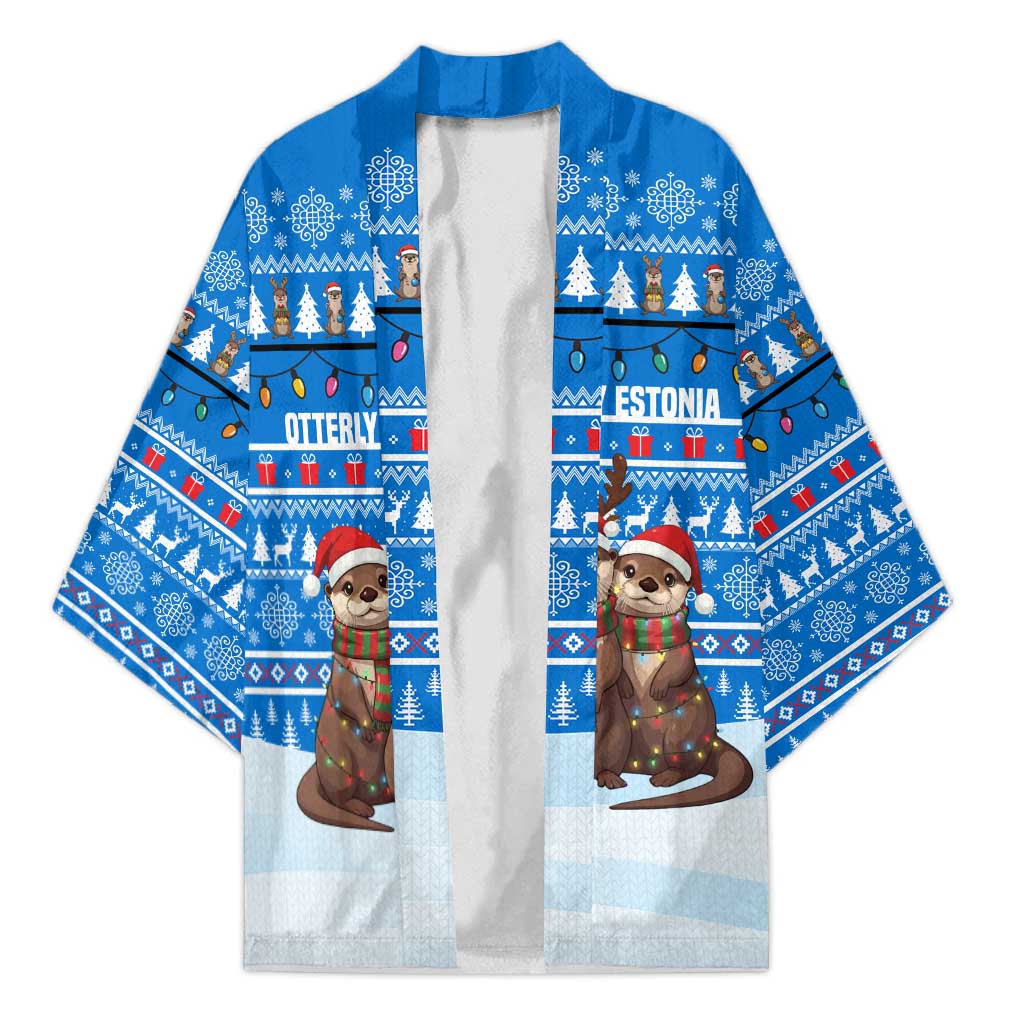 Estonia Christmas Kimono with Santa Otters Lights Snowflakes and National Emblem on Blue Pattern - Wonder Print Shop