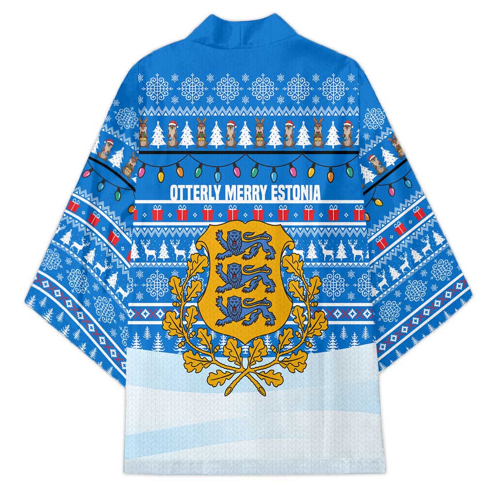 Estonia Christmas Kimono with Santa Otters Lights Snowflakes and National Emblem on Blue Pattern - Wonder Print Shop