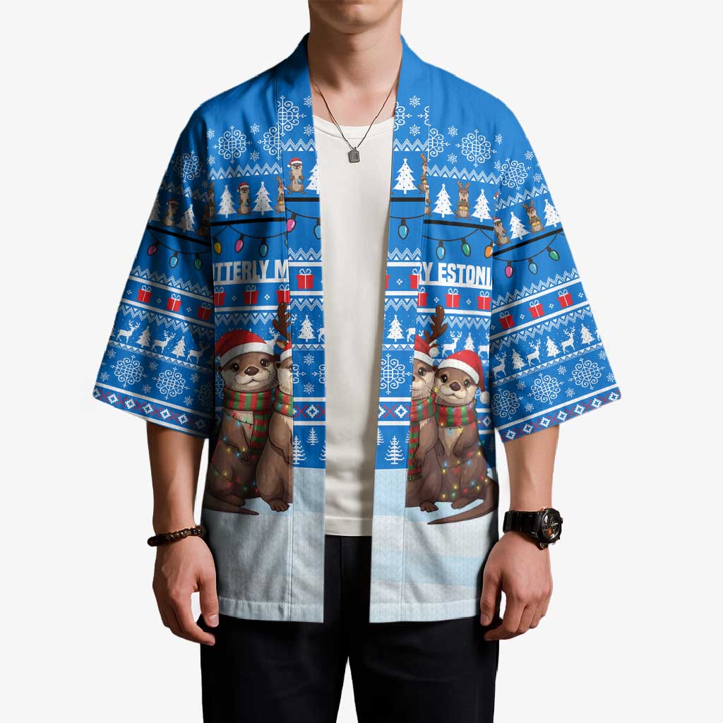 Estonia Christmas Kimono with Santa Otters Lights Snowflakes and National Emblem on Blue Pattern - Wonder Print Shop