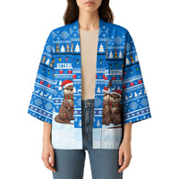 Estonia Christmas Kimono with Santa Otters Lights Snowflakes and National Emblem on Blue Pattern - Wonder Print Shop