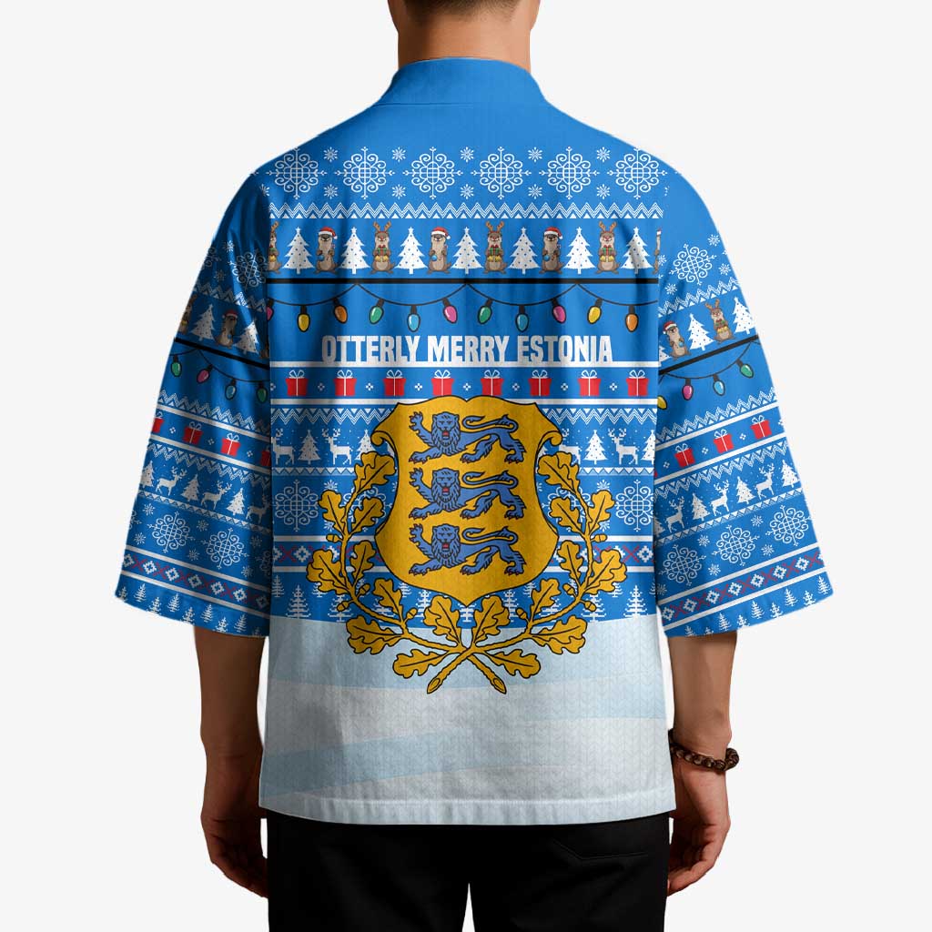 Estonia Christmas Kimono with Santa Otters Lights Snowflakes and National Emblem on Blue Pattern - Wonder Print Shop
