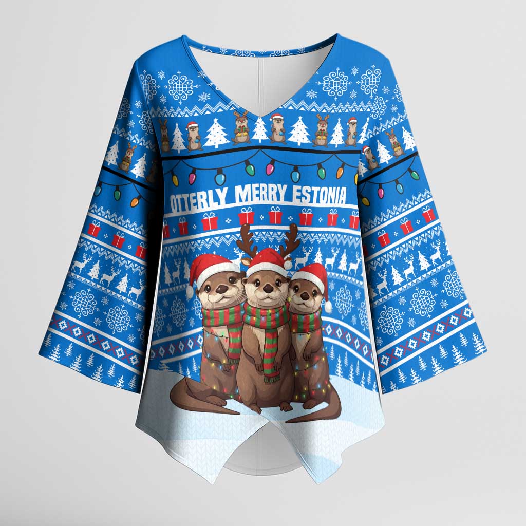 Estonia Christmas Kimono Sleeve Blouse with Santa Otters Lights Snowflakes and National Emblem on Blue Pattern - Wonder Print Shop