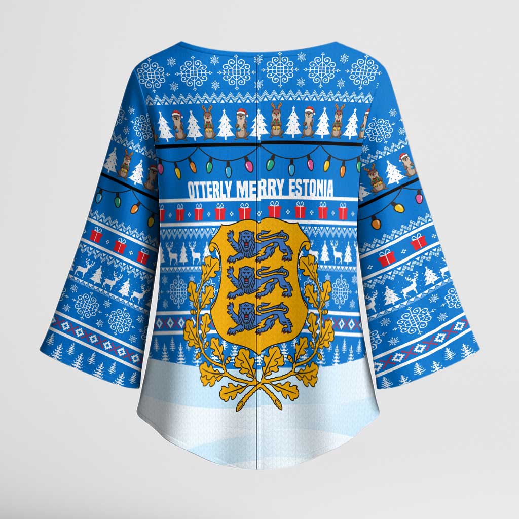 Estonia Christmas Kimono Sleeve Blouse with Santa Otters Lights Snowflakes and National Emblem on Blue Pattern - Wonder Print Shop
