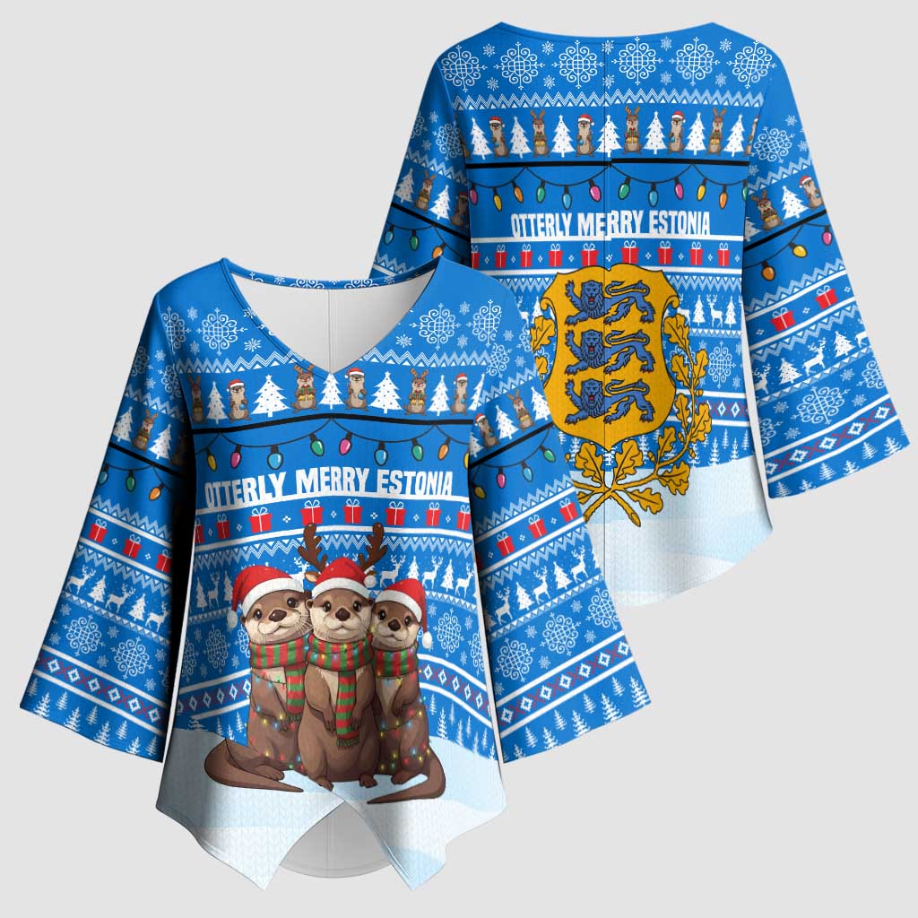 Estonia Christmas Kimono Sleeve Blouse with Santa Otters Lights Snowflakes and National Emblem on Blue Pattern - Wonder Print Shop