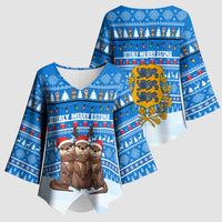 Estonia Christmas Kimono Sleeve Blouse with Santa Otters Lights Snowflakes and National Emblem on Blue Pattern - Wonder Print Shop