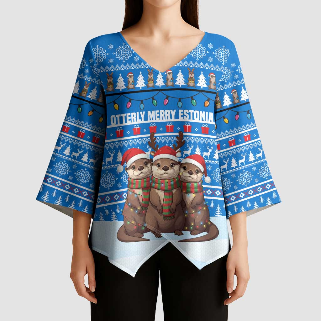 Estonia Christmas Kimono Sleeve Blouse with Santa Otters Lights Snowflakes and National Emblem on Blue Pattern - Wonder Print Shop