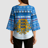 Estonia Christmas Kimono Sleeve Blouse with Santa Otters Lights Snowflakes and National Emblem on Blue Pattern - Wonder Print Shop
