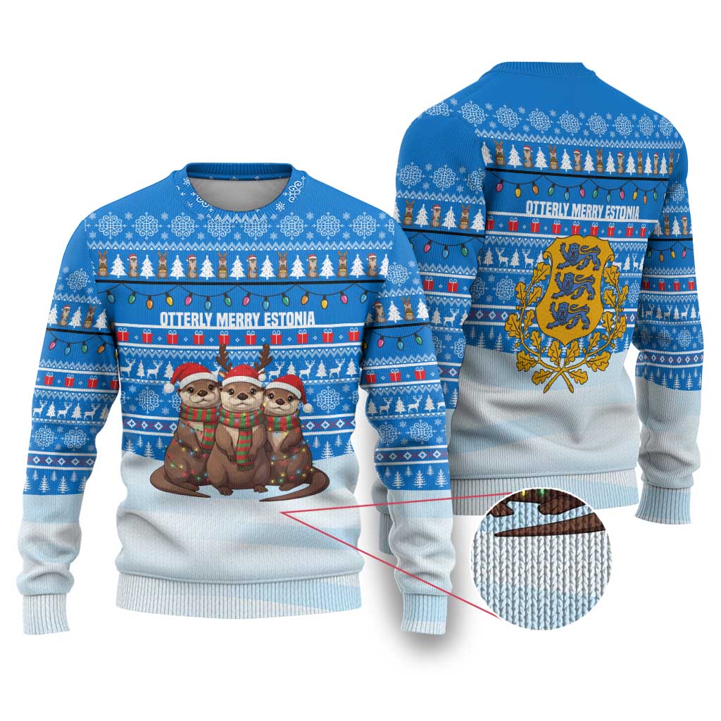Estonia Christmas Ugly Christmas Sweater with Santa Otters Lights Snowflakes and National Emblem on Blue Pattern - Wonder Print Shop