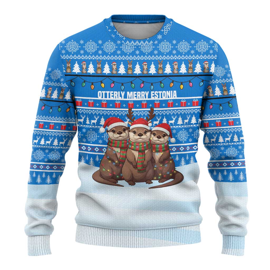 Estonia Christmas Ugly Christmas Sweater with Santa Otters Lights Snowflakes and National Emblem on Blue Pattern - Wonder Print Shop