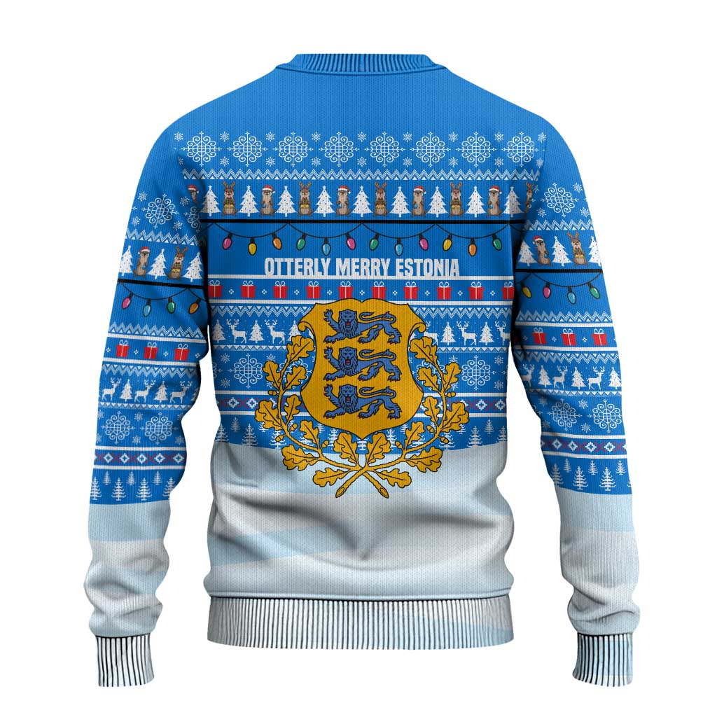 Estonia Christmas Ugly Christmas Sweater with Santa Otters Lights Snowflakes and National Emblem on Blue Pattern - Wonder Print Shop