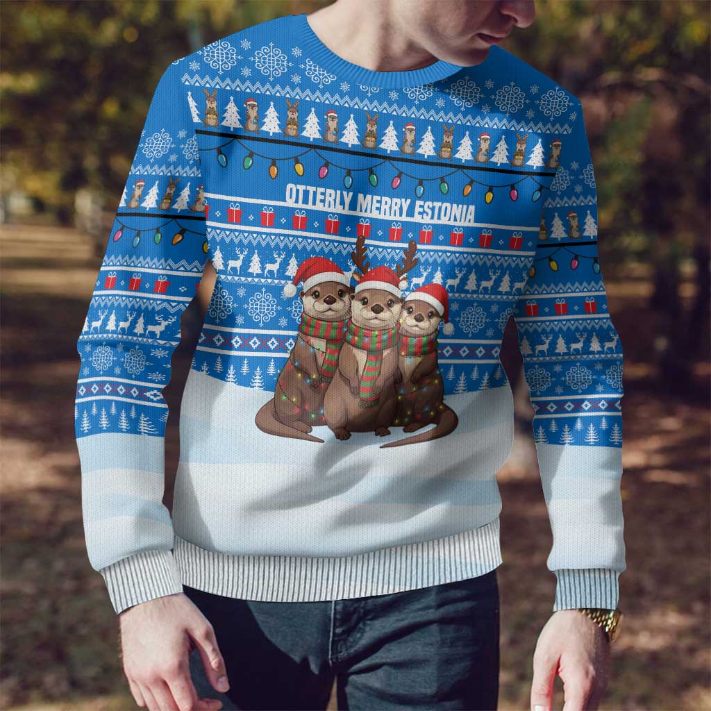 Estonia Christmas Ugly Christmas Sweater with Santa Otters Lights Snowflakes and National Emblem on Blue Pattern - Wonder Print Shop