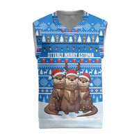 Estonia Christmas Knitted V-Neck Vest with Santa Otters Lights Snowflakes and National Emblem on Blue Pattern - Wonder Print Shop