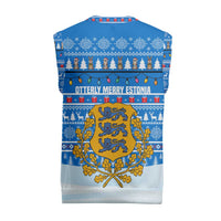 Estonia Christmas Knitted V-Neck Vest with Santa Otters Lights Snowflakes and National Emblem on Blue Pattern - Wonder Print Shop