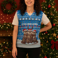 Estonia Christmas Knitted V-Neck Vest with Santa Otters Lights Snowflakes and National Emblem on Blue Pattern - Wonder Print Shop