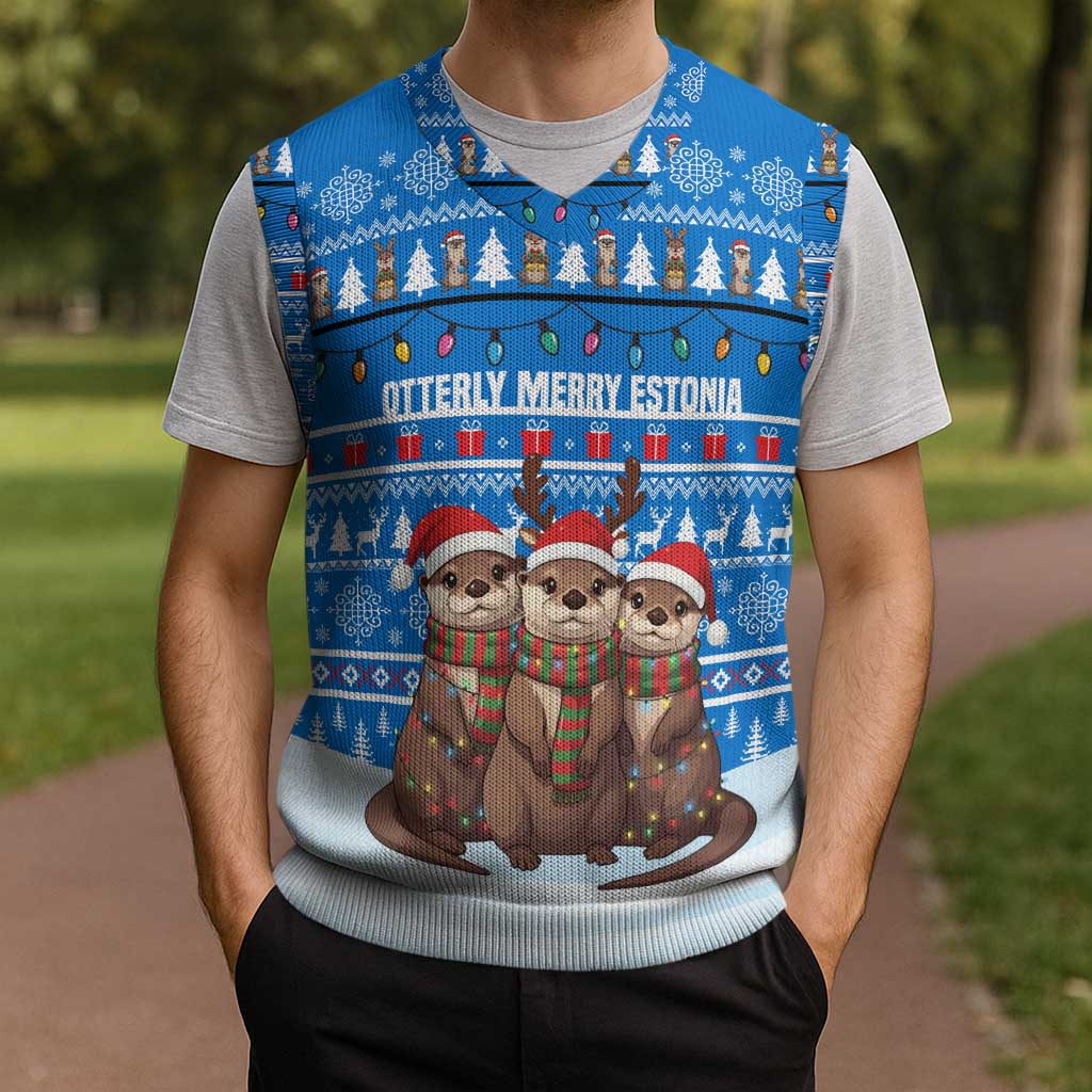 Estonia Christmas Knitted V-Neck Vest with Santa Otters Lights Snowflakes and National Emblem on Blue Pattern - Wonder Print Shop