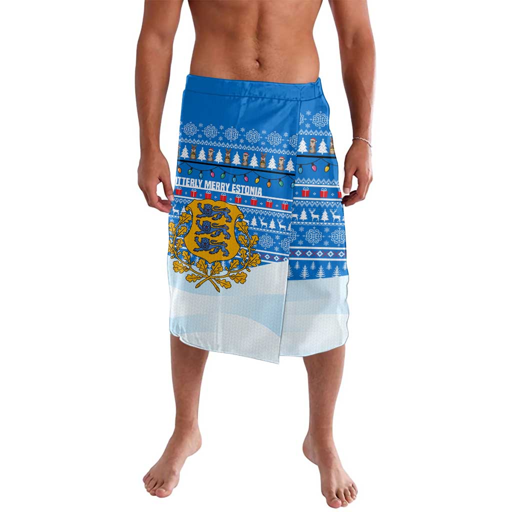 Estonia Christmas Lavalava with Santa Otters Lights Snowflakes and National Emblem on Blue Pattern - Wonder Print Shop
