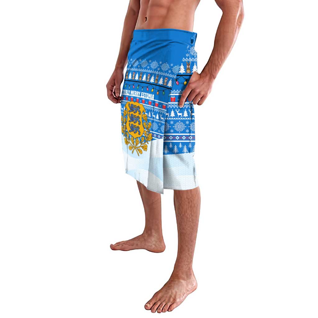 Estonia Christmas Lavalava with Santa Otters Lights Snowflakes and National Emblem on Blue Pattern - Wonder Print Shop
