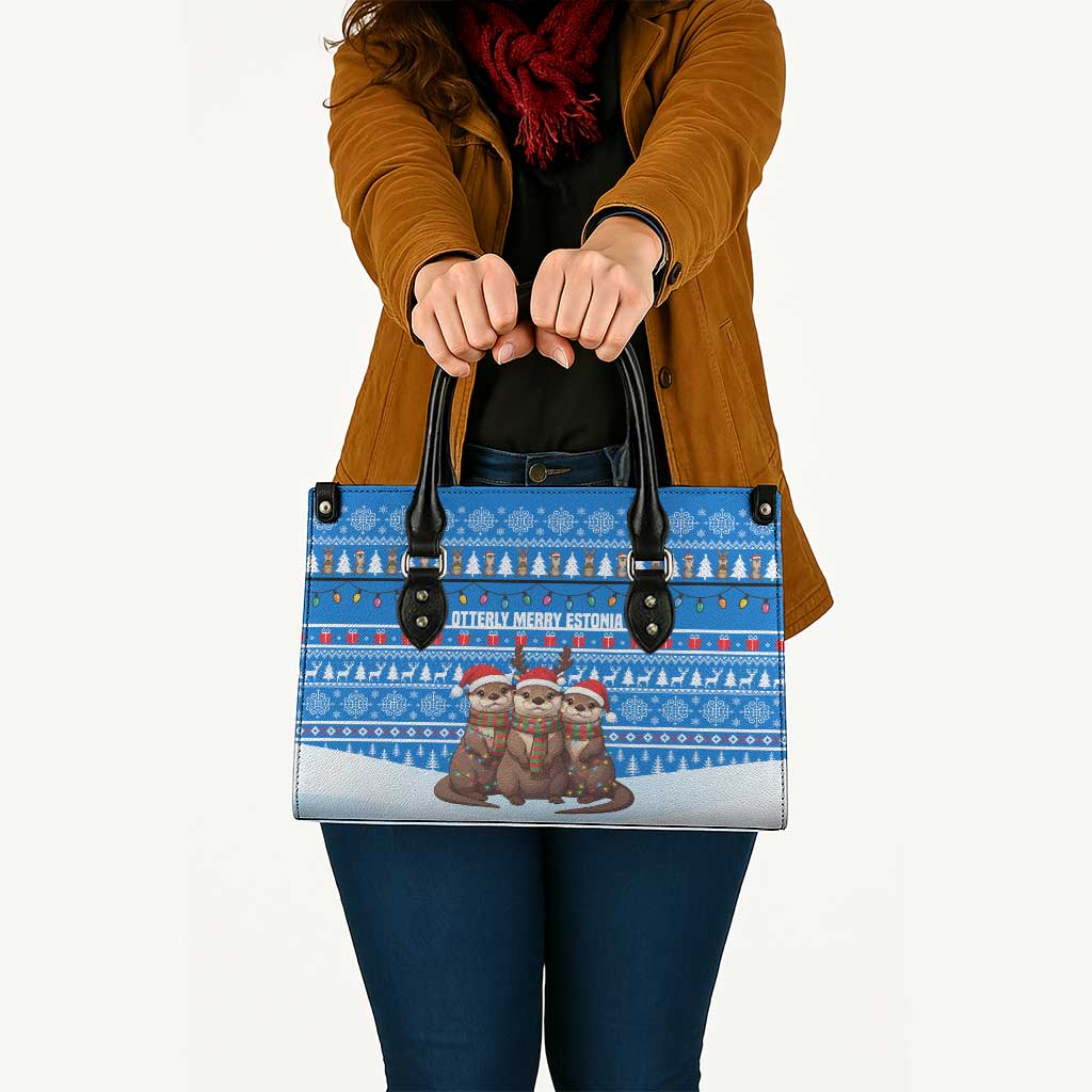 Estonia Christmas Leather Bag with Santa Otters Lights Snowflakes and National Emblem on Blue Pattern - Wonder Print Shop