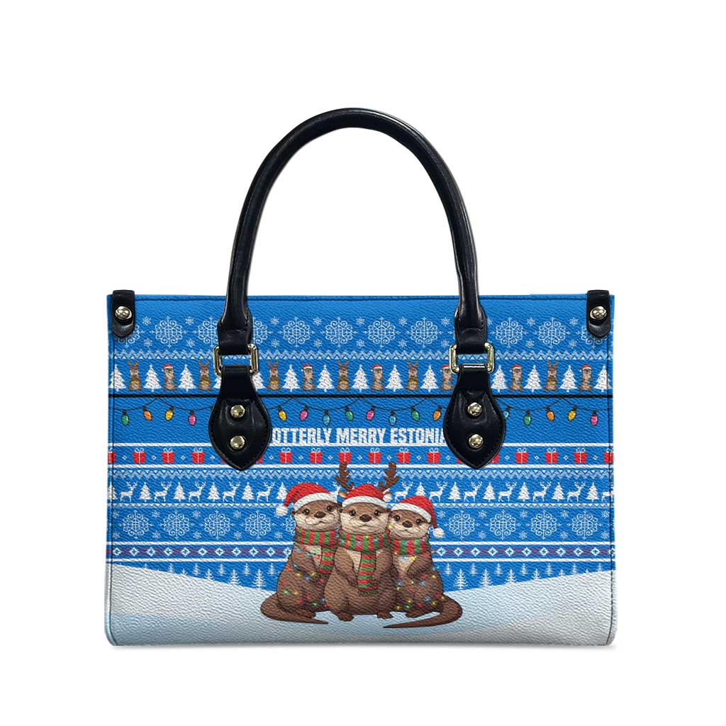 Estonia Christmas Leather Bag with Santa Otters Lights Snowflakes and National Emblem on Blue Pattern - Wonder Print Shop