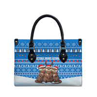 Estonia Christmas Leather Bag with Santa Otters Lights Snowflakes and National Emblem on Blue Pattern - Wonder Print Shop