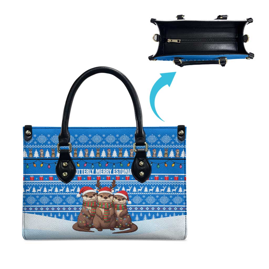 Estonia Christmas Leather Bag with Santa Otters Lights Snowflakes and National Emblem on Blue Pattern - Wonder Print Shop