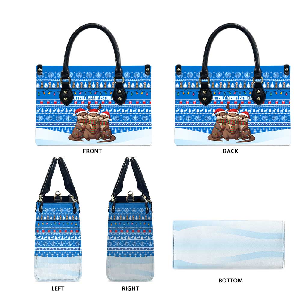 Estonia Christmas Leather Bag with Santa Otters Lights Snowflakes and National Emblem on Blue Pattern - Wonder Print Shop