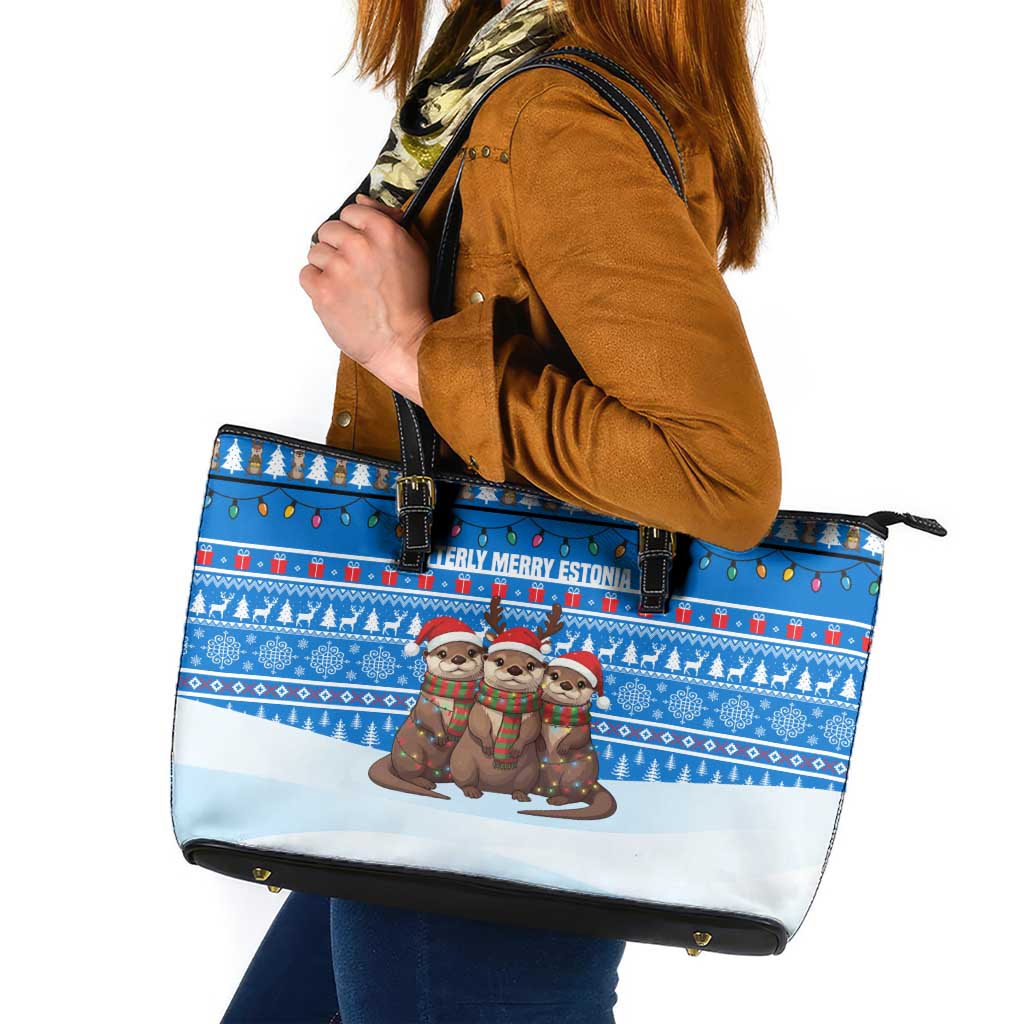 Estonia Christmas Leather Tote Bag with Santa Otters Lights Snowflakes and National Emblem on Blue Pattern - Wonder Print Shop