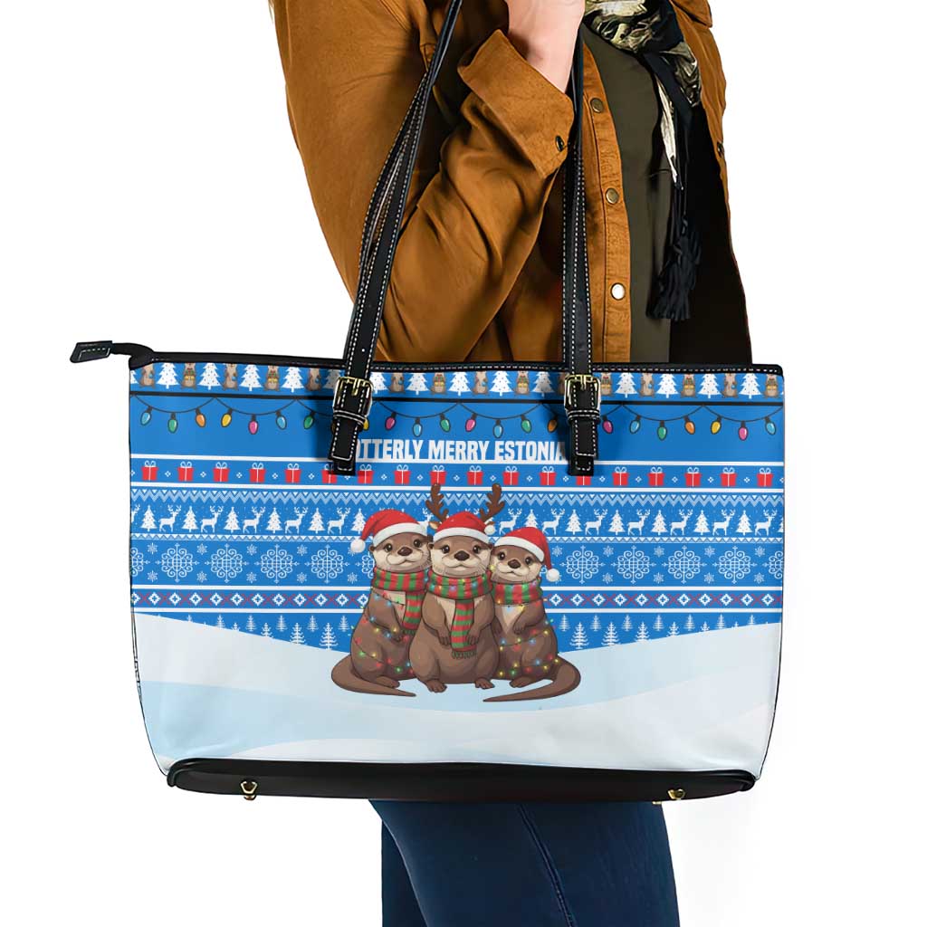 Estonia Christmas Leather Tote Bag with Santa Otters Lights Snowflakes and National Emblem on Blue Pattern - Wonder Print Shop