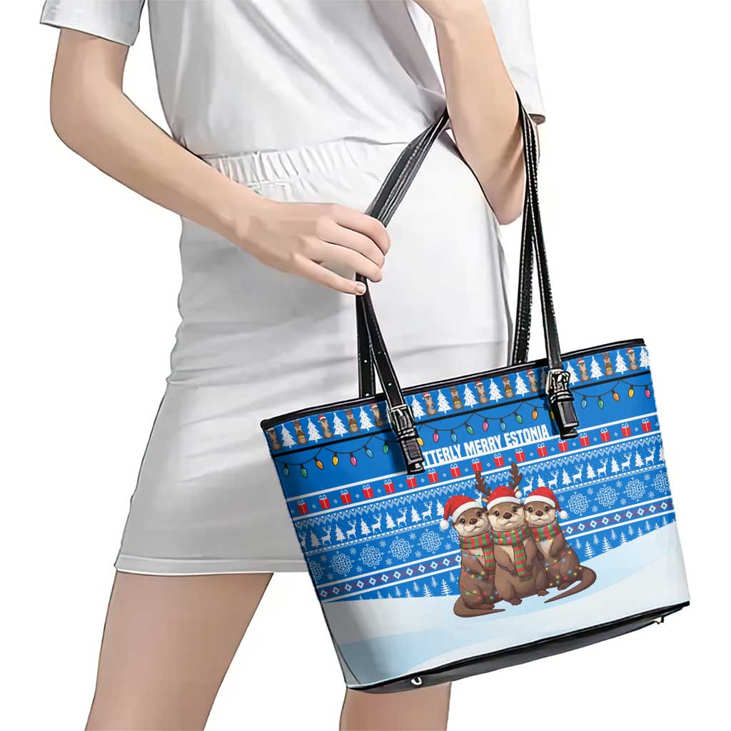 Estonia Christmas Leather Tote Bag with Santa Otters Lights Snowflakes and National Emblem on Blue Pattern - Wonder Print Shop