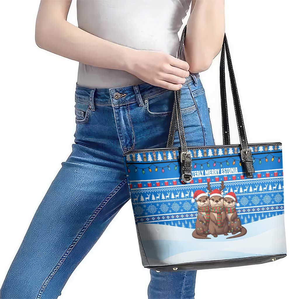 Estonia Christmas Leather Tote Bag with Santa Otters Lights Snowflakes and National Emblem on Blue Pattern - Wonder Print Shop