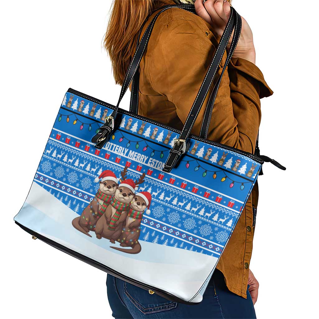 Estonia Christmas Leather Tote Bag with Santa Otters Lights Snowflakes and National Emblem on Blue Pattern - Wonder Print Shop