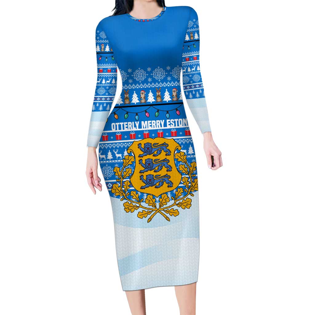 Estonia Christmas Long Sleeve Bodycon Dress with Santa Otters Lights Snowflakes and National Emblem on Blue Pattern - Wonder Print Shop