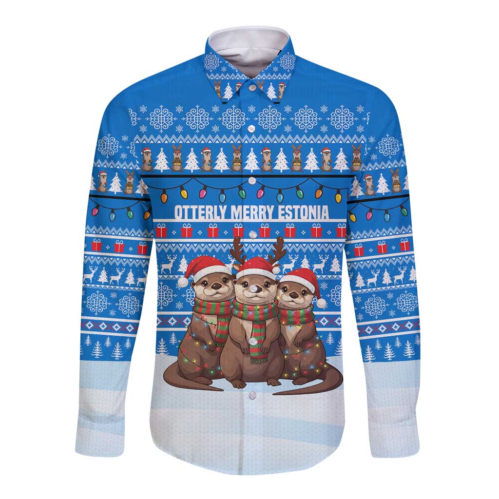 Estonia Christmas Long Sleeve Button Shirt with Santa Otters Lights Snowflakes and National Emblem on Blue Pattern - Wonder Print Shop
