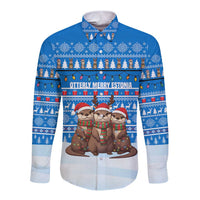Estonia Christmas Long Sleeve Button Shirt with Santa Otters Lights Snowflakes and National Emblem on Blue Pattern - Wonder Print Shop