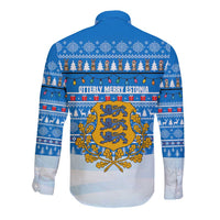 Estonia Christmas Long Sleeve Button Shirt with Santa Otters Lights Snowflakes and National Emblem on Blue Pattern - Wonder Print Shop