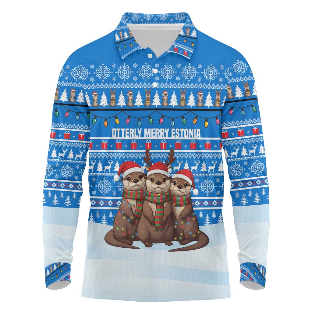 Estonia Christmas Long Sleeve Polo Shirt with Santa Otters Lights Snowflakes and National Emblem on Blue Pattern - Wonder Print Shop