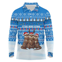 Estonia Christmas Long Sleeve Polo Shirt with Santa Otters Lights Snowflakes and National Emblem on Blue Pattern - Wonder Print Shop