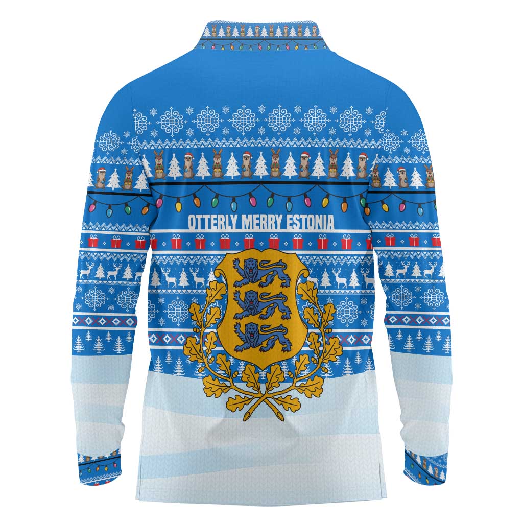 Estonia Christmas Long Sleeve Polo Shirt with Santa Otters Lights Snowflakes and National Emblem on Blue Pattern - Wonder Print Shop