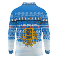 Estonia Christmas Long Sleeve Polo Shirt with Santa Otters Lights Snowflakes and National Emblem on Blue Pattern - Wonder Print Shop