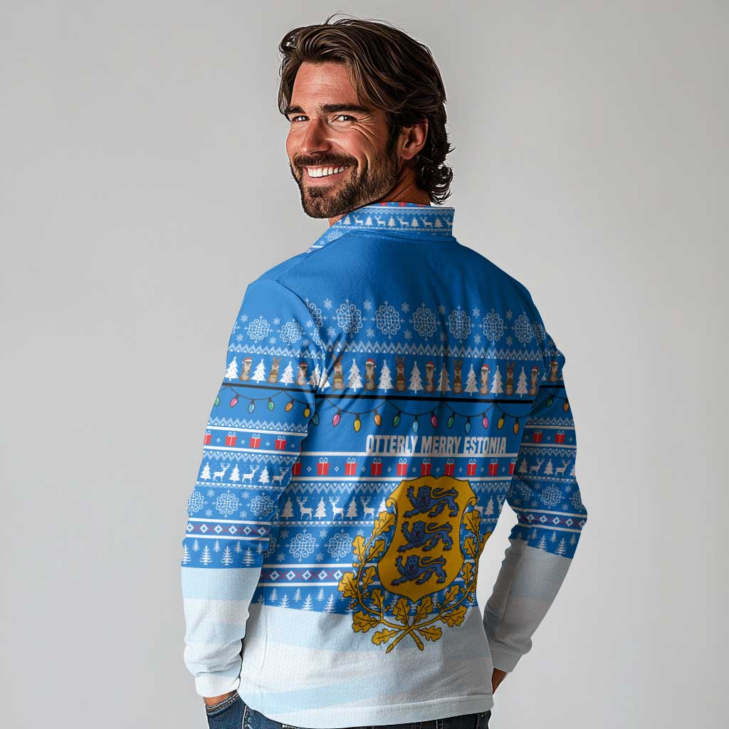 Estonia Christmas Long Sleeve Polo Shirt with Santa Otters Lights Snowflakes and National Emblem on Blue Pattern - Wonder Print Shop