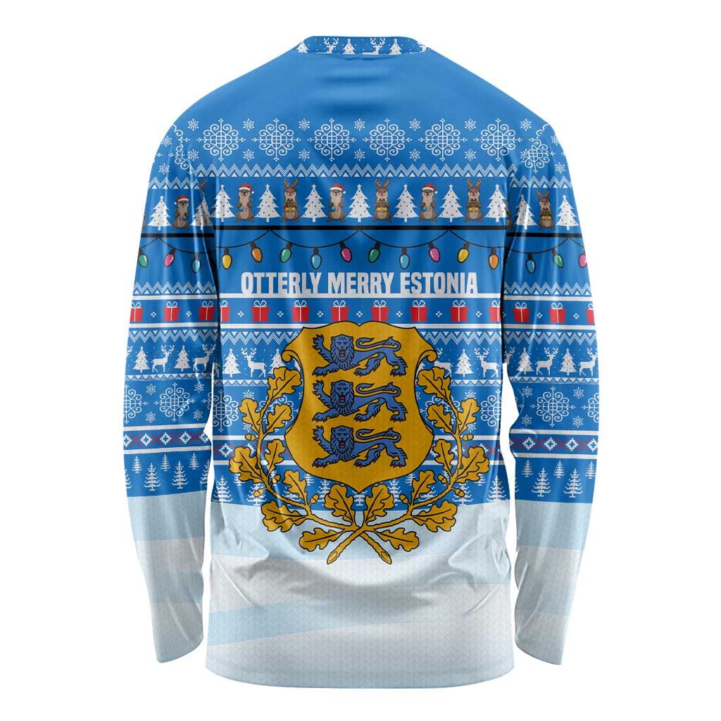 Estonia Christmas Long Sleeve Shirt with Santa Otters Lights Snowflakes and National Emblem on Blue Pattern - Wonder Print Shop