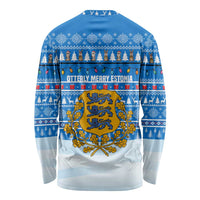 Estonia Christmas Long Sleeve Shirt with Santa Otters Lights Snowflakes and National Emblem on Blue Pattern - Wonder Print Shop