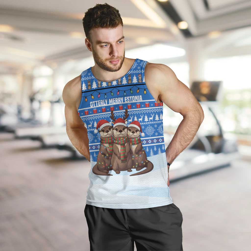 Estonia Christmas Men Tank Top with Santa Otters Lights Snowflakes and National Emblem on Blue Pattern - Wonder Print Shop