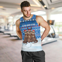 Estonia Christmas Men Tank Top with Santa Otters Lights Snowflakes and National Emblem on Blue Pattern - Wonder Print Shop