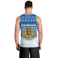 Estonia Christmas Men Tank Top with Santa Otters Lights Snowflakes and National Emblem on Blue Pattern - Wonder Print Shop