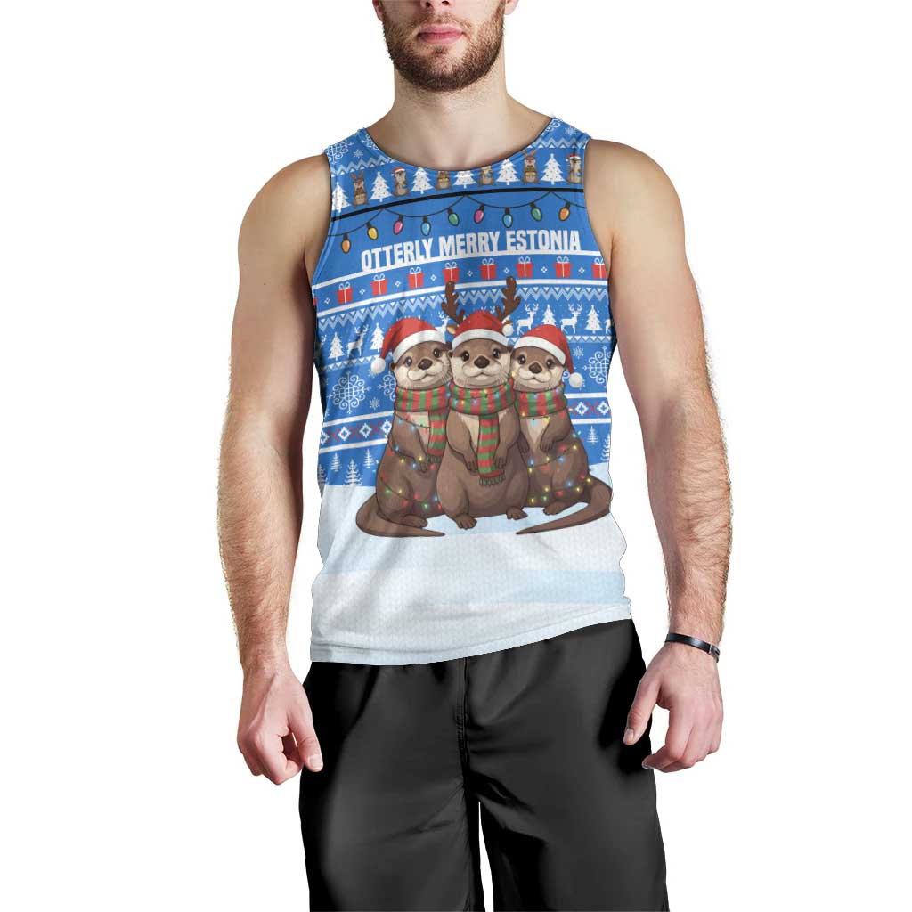 Estonia Christmas Men Tank Top with Santa Otters Lights Snowflakes and National Emblem on Blue Pattern - Wonder Print Shop