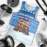 Estonia Christmas Men Tank Top with Santa Otters Lights Snowflakes and National Emblem on Blue Pattern - Wonder Print Shop