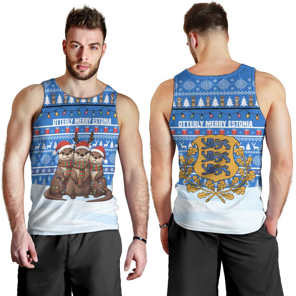 Estonia Christmas Men Tank Top with Santa Otters Lights Snowflakes and National Emblem on Blue Pattern - Wonder Print Shop